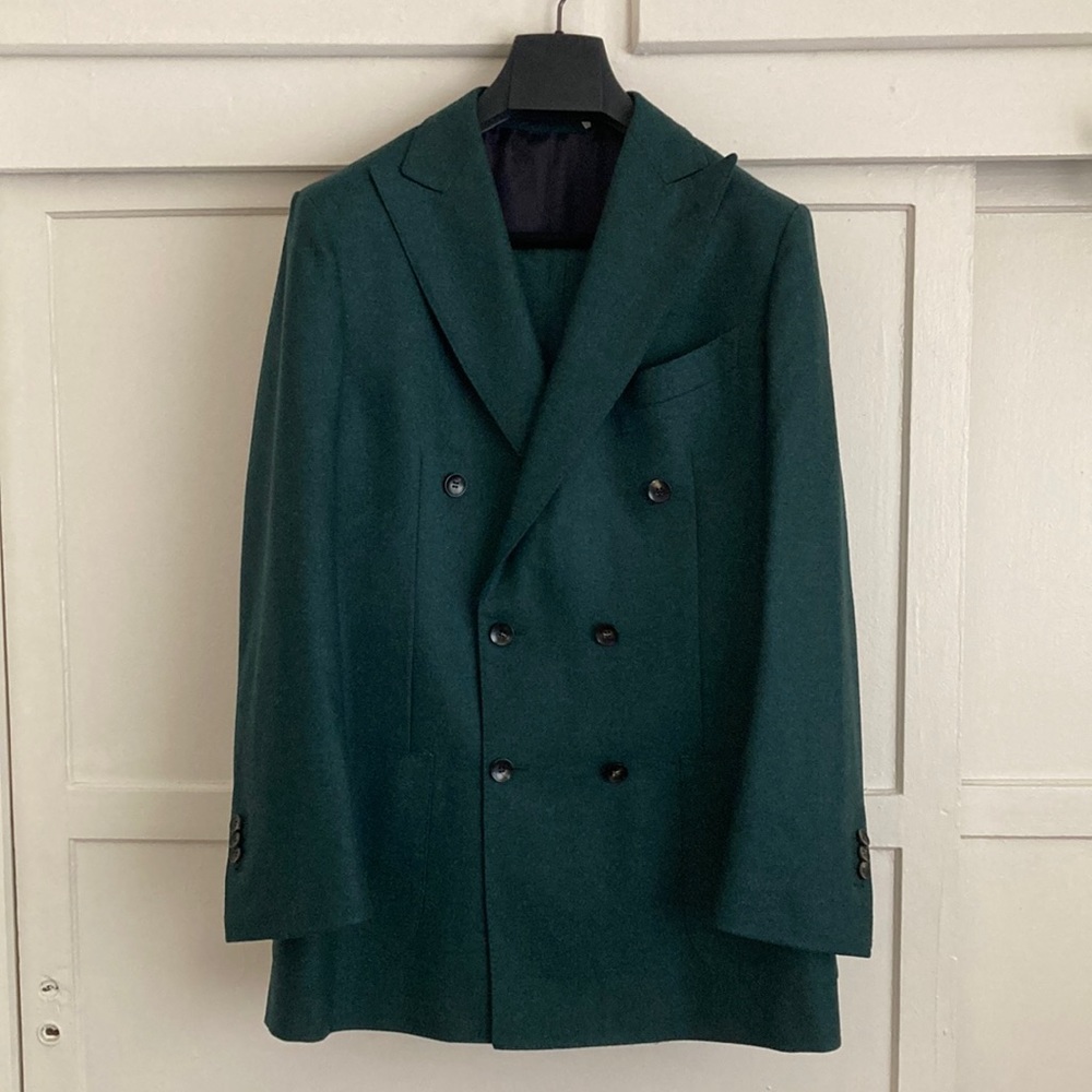 SuitSupply Green Flannel Double Breasted Suit 42L